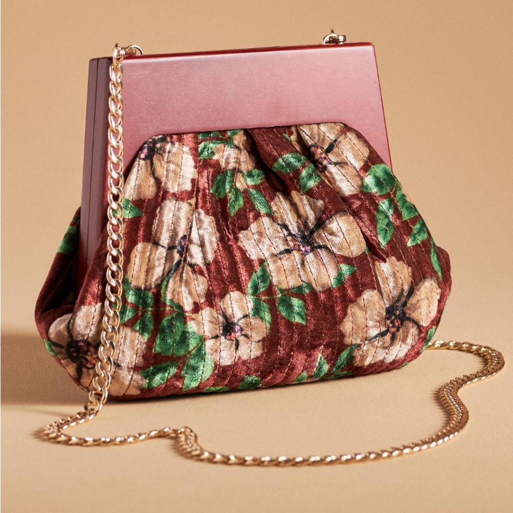 Anthropologie Pleated Velvet Clutch in Pink Combo NWT
